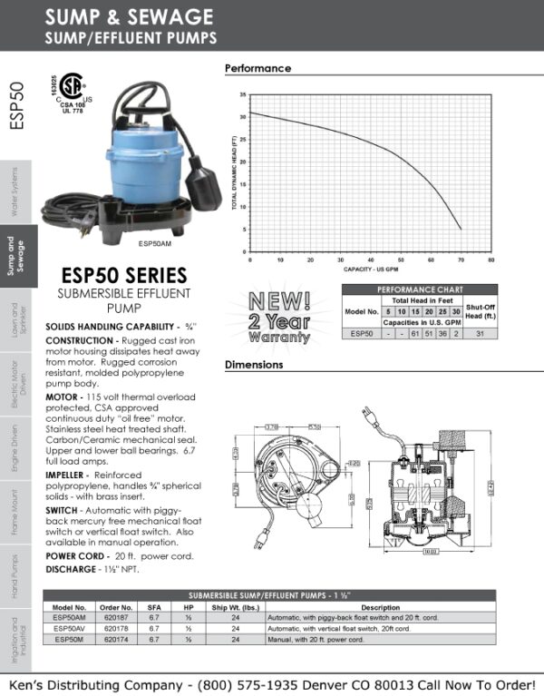 Monarch ESP50AV Series Submersible Effluent Pump | Ken's Distributing ...