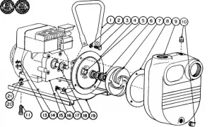 Monarch Industries BSGF Series gas powered water pump showing cast iron casing, semi-open impeller with blind hole technology, Viton carbon ceramic mechanical seal, and engine drive assembly
