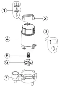 Monarch WSV50HM Series submersible effluent pump showing vortex impeller assembly, mechanical seal, capacitor motor housing, and modular casing components
