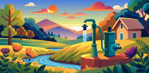 A picturesque rural landscape with a Franklin Electric water pump near a flowing stream, surrounded by greenery, flowers, and a house under a colorful sunset sky.