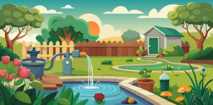 Illustration of a serene garden with a functional water pump system by Monarch Water Pumps, showcasing a clean pond, vibrant flowers, and a well-maintained backyard.