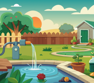 Illustration of a serene garden with a functional water pump system by Monarch Water Pumps, showcasing a clean pond, vibrant flowers, and a well-maintained backyard.